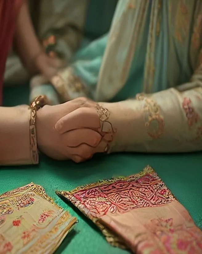 Hands arranging silk sarees and embroidered fabrics