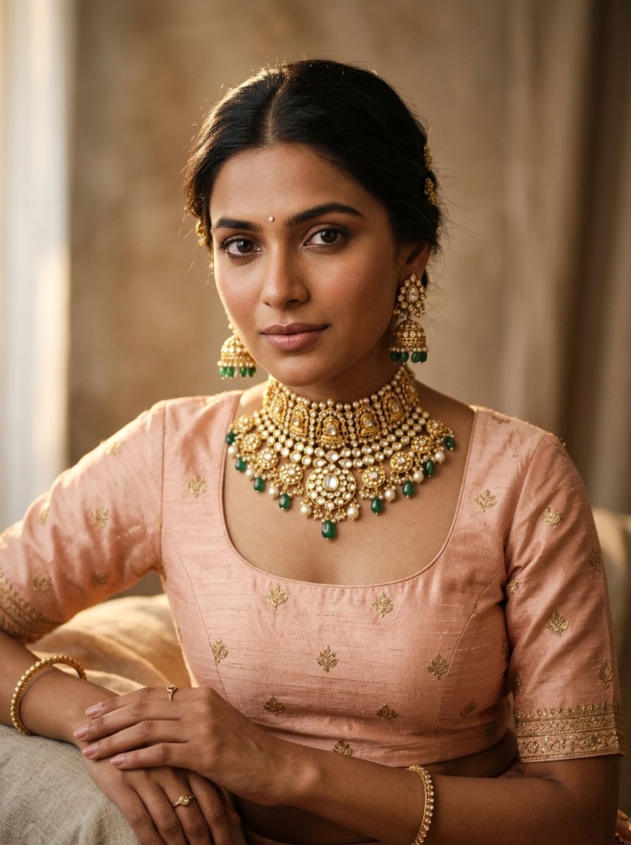 Woman wearing a gold kundan necklace set and jhumka earrings
