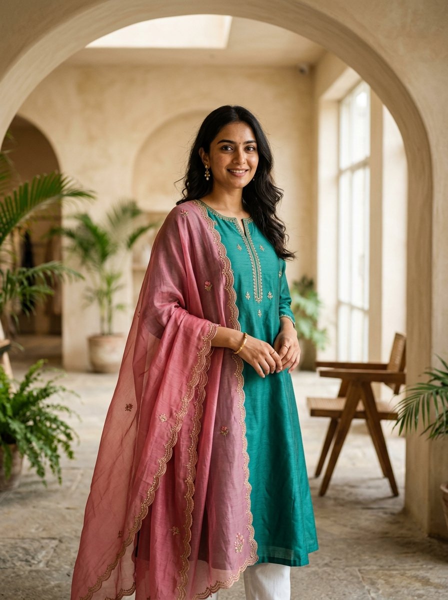 Woman in a teal embroidered kurti with a rose dupatta