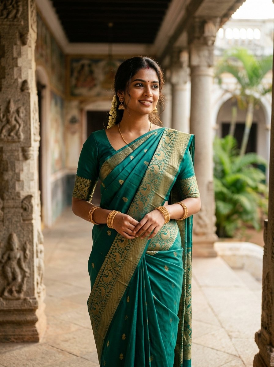 Woman draped in a teal silk saree with a gold zari border